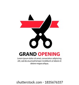 Grand opening. Scissors cut the red ribbon. Inauguration icon. Concept of invite congratulation for client of restaurant or cafe. Vector on isolated white background. EPS 10.