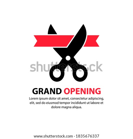 Grand opening. Scissors cut the red ribbon. Inauguration icon. Concept of invite congratulation for client of restaurant or cafe. Vector on isolated white background. EPS 10.