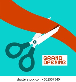 Grand Opening. Scissors Cutting Ribbon. Retro Vector Flat Design Illustration.