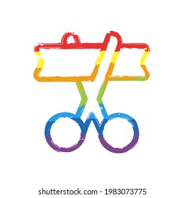 Grand opening, scissors and ribbon. Drawing sign with LGBT style, seven colors of rainbow (red, orange, yellow, green, blue, indigo, violet