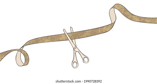 Grand opening with scissors and ribbon. Hand drawn vector illustration isolated on white. Flat color design.