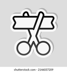 Grand opening, scissors and ribbon. Linear sticker, white border and simple shadow on gray background