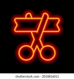 Grand opening, scissors and ribbon. Orange neon style on black background. Light linear icon with editable stroke