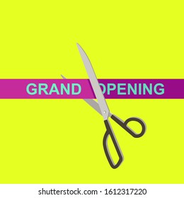 Grand Opening with scissors and violet ribbon. Simple illustration of the opening ceremony