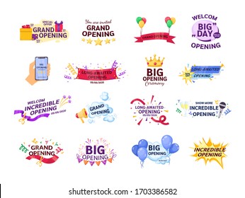 Diseño gráfico de tipografía de etiquetas de apertura grande. Abrir la plantilla de evento de banners de etiquetas con cuadros de regalo. Diseño para la venta, publicidad, banner, afiche promocional, etiqueta de anuncio promocional, vector de pegatinas