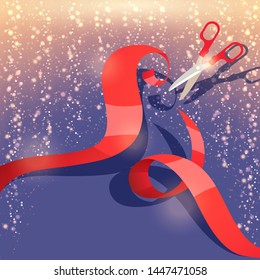 Grand opening of shop, store advertisement banner, poster vector illustration. Cutting red ribbons with scissors. Colorful textured curly ribbon. Elegant style brochure, flyer.