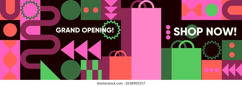 Grand opening shopping promotion with abstract arrows, shapes, gift bags, and bright retro color scheme in modern vector layout.