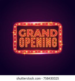 Grand Opening Sign Board With Marquee Lights On Purple Background.