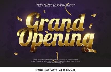  A grand opening sign with golden 3D text against a dark background with light effects