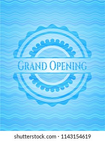 Grand Opening sky blue water style badge.