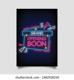 Grand opening soon for poster in neon style. Grand Opening Soon Neon signs. greeting card, invitation card, light banner, posters, flyer