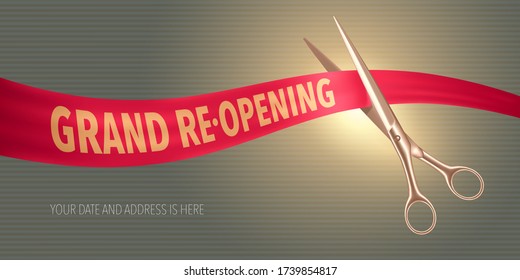 Grand Opening Or Re Opening Soon Vector Banner, Illustration. Nonstandard Design Element For Scissors And Red Ribbon Cutting For Opening Or Re-opening Ceremony
