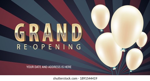 Gran abertura o reapertura pronto banner vector, ilustración. Elemento de diseño no estándar para la ceremonia de corte o apertura de tijeras