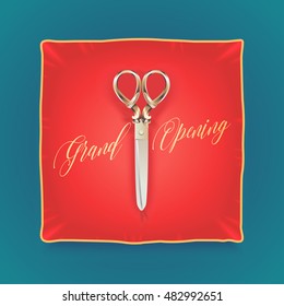 Grand opening, opening soon vector banner, illustration, flyer, poster. Nonstandard design element for scissors and red pillow for opening ceremony