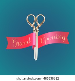 Grand opening, opening soon vector banner, illustration, flyer, poster. Nonstandard design element for scissors and red ribbon cutting for opening ceremony