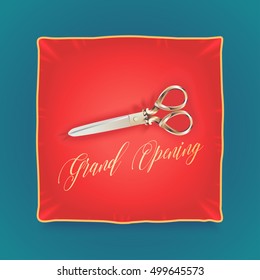 Grand opening, opening soon vector banner, illustration, flyer, poster. Nonstandard design element for scissors and red pillow for opening ceremony
