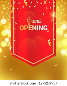 Grand Opening Sparkling Banner With Red Curtain Vector