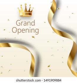 Grand opening sparkling banner. Text composition with golden splashes and ribbons.Gold sparkles. Elegant style.