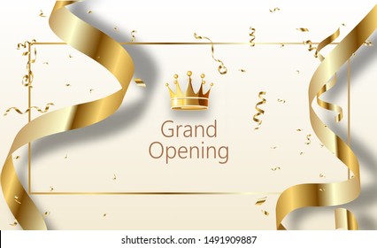 Grand opening sparkling banner. Text composition with golden splashes and ribbons.Gold sparkles. Elegant style.