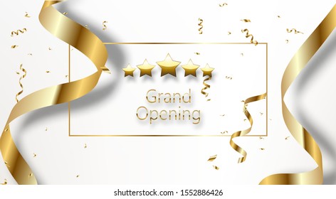 Grand opening sparkling banner. Text composition with golden splashes and ribbons. Elegant style.