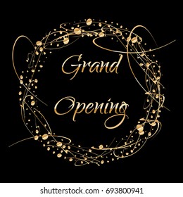 Grand opening sparkling banner. Text composition with golden splashes and ribbons.Gold sparkles. Elegant style. Vector Illustration