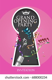 Grand opening sparkling gold elegant invitation card with colorful bottle of champagne, curly serpentine and key hole shaped frame. Vector illustration