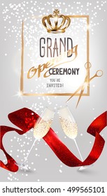 Grand opening sparkling invitation card with red satin ribbon, glasses of champagne and scissors. Vector illustration