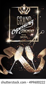 Grand opening sparkling invitation card with satin ribbon, glasses of champagne and scissors. Vector illustration