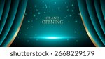 Grand opening stage background vector with teal and gold curved curtain and glowing lights. Perfect for show, theater display, movie premiere, concert banner, and celebration event.