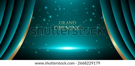 Grand opening stage background vector with teal and gold curved curtain and glowing lights. Perfect for show, theater display, movie premiere, concert banner, and celebration event.