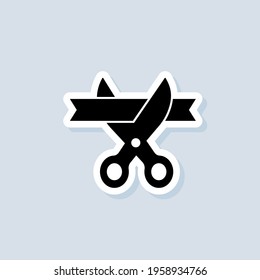 Grand opening sticker. Scissors cutting ribbon. UI icon. Opening icon in simple design. Inauguration symbol. Vector on isolated background. EPS 10.