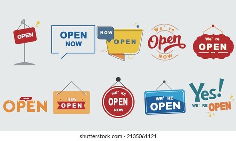 Grand Opening stickers collection set, cartoon style flat design Premium Vector