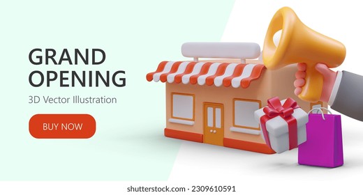 Grand opening of store. Loud announcement for all buyers. 3D person announces opening of new store through megaphone. Advertisement with buy now button