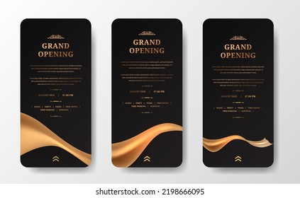 Grand Opening Stories Social Media Template with golden silk fabric expensive celebrate luxury elegant concept with black background