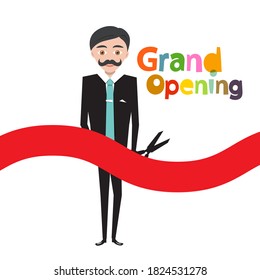 Grand Opening Symbol - Manager with Scissors and Red Bow Isolated on White Background