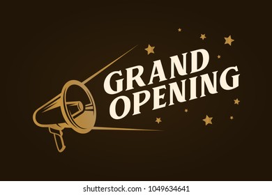 Grand opening template, banner, poster. Lettering design element for opening ceremony. Retro style typography. Vector vintage illustration.