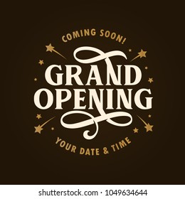 Grand opening template, banner, poster. Lettering design element for opening ceremony. Retro style typography. Vector vintage illustration.