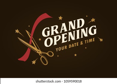 Grand opening template, banner, poster. Lettering design element for opening ceremony. Retro style typography. Vector vintage illustration.