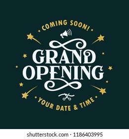 Grand opening template, banner, poster. Lettering design element for opening ceremony. Retro style typography. Vector vintage illustration.