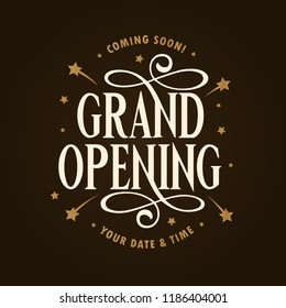 Grand opening template, banner, poster. Lettering design element for opening ceremony. Retro style typography. Vector vintage illustration.