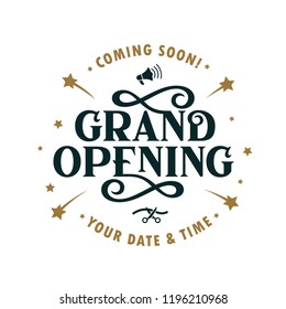 Grand opening template, banner, poster. Lettering design element for opening ceremony. Retro style typography. Vector vintage illustration.