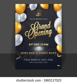 Grand Opening Template Or Flyer Design Decorated With Glossy Balloons On Black Background.