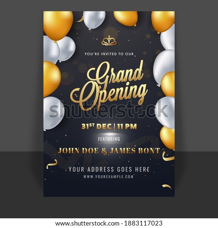 Grand Opening Template Or Flyer Design Decorated With Glossy Balloons On Black Background.