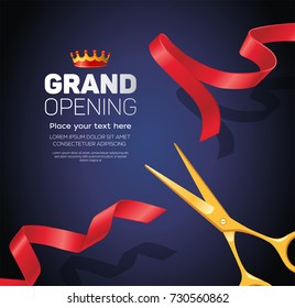 Grand opening template - modern vector illustration on blue background with place for your text. Golden scissors cut the red ribbon. Perfect as a certificate, poster, banner, card, invitation