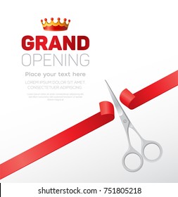 Grand opening template - modern vector illustration with place for your text. Silver scissors cutting the red ribbon. Headline with a crown. Perfect as a certificate, poster, banner, card, invitation