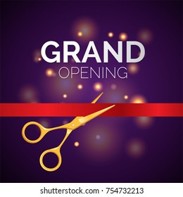 Grand opening template - modern vector illustration on festive purple background with twinkling lights. Golden scissors cut the red ribbon. Perfect as a certificate, poster, banner, card, invitation