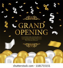 grand opening template with realistic gold and silver balloon with vintage element