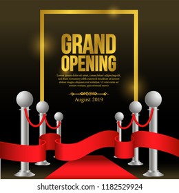 Grand Opening Template With Red Carpet And Red Ribbon Banner And Vintage Decoration