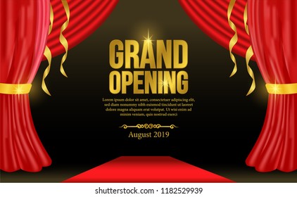 grand opening template with red carpet and red curtain and swirl golden ribbon