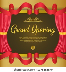 grand opening template with red curtain and red ribbon for business or poster announcement